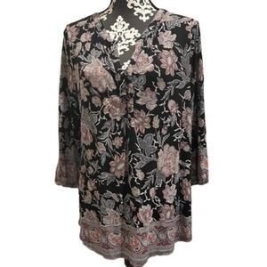 Lucky Brand Floral Blouse Women’s Plus Size 1X Black Pink Longer Length 3/4